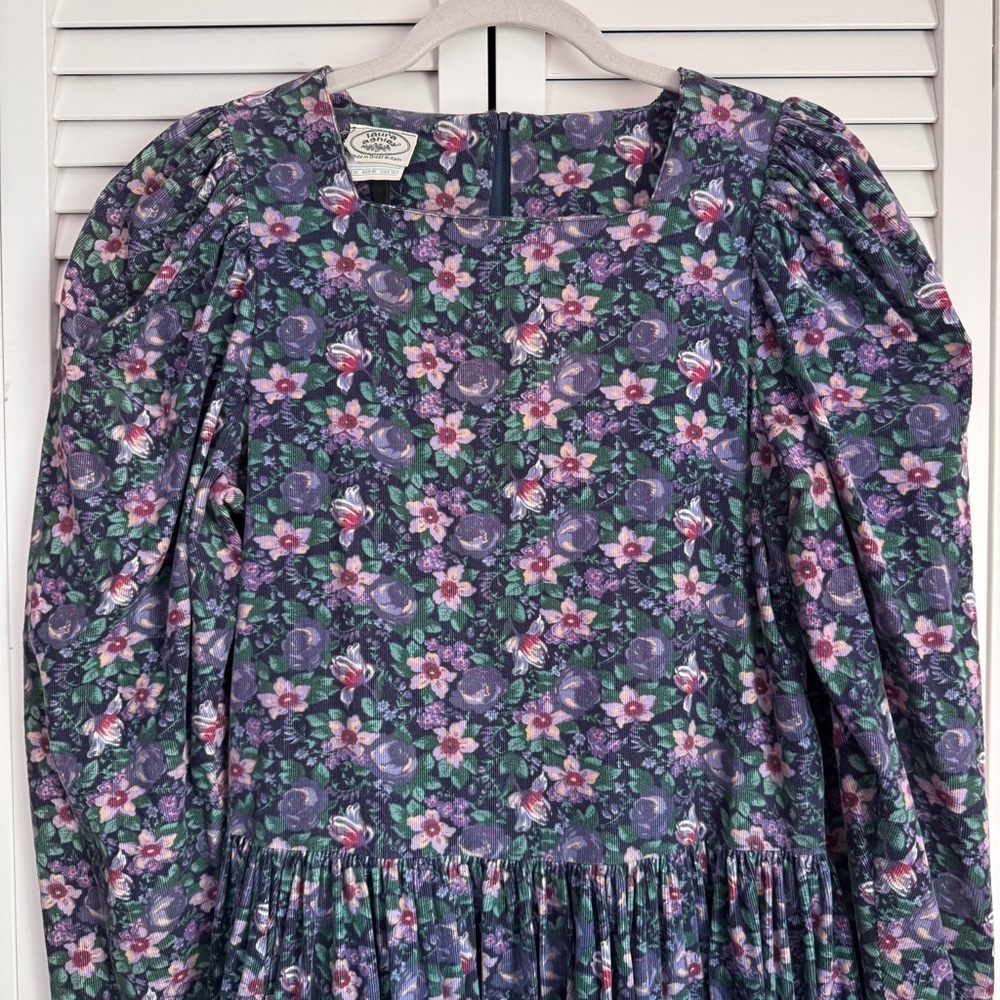 Laura Ashley Vintage Corduroy Puff Sleeve Floral Dress Cottagecore Purple 10 - Picture 2 of 11